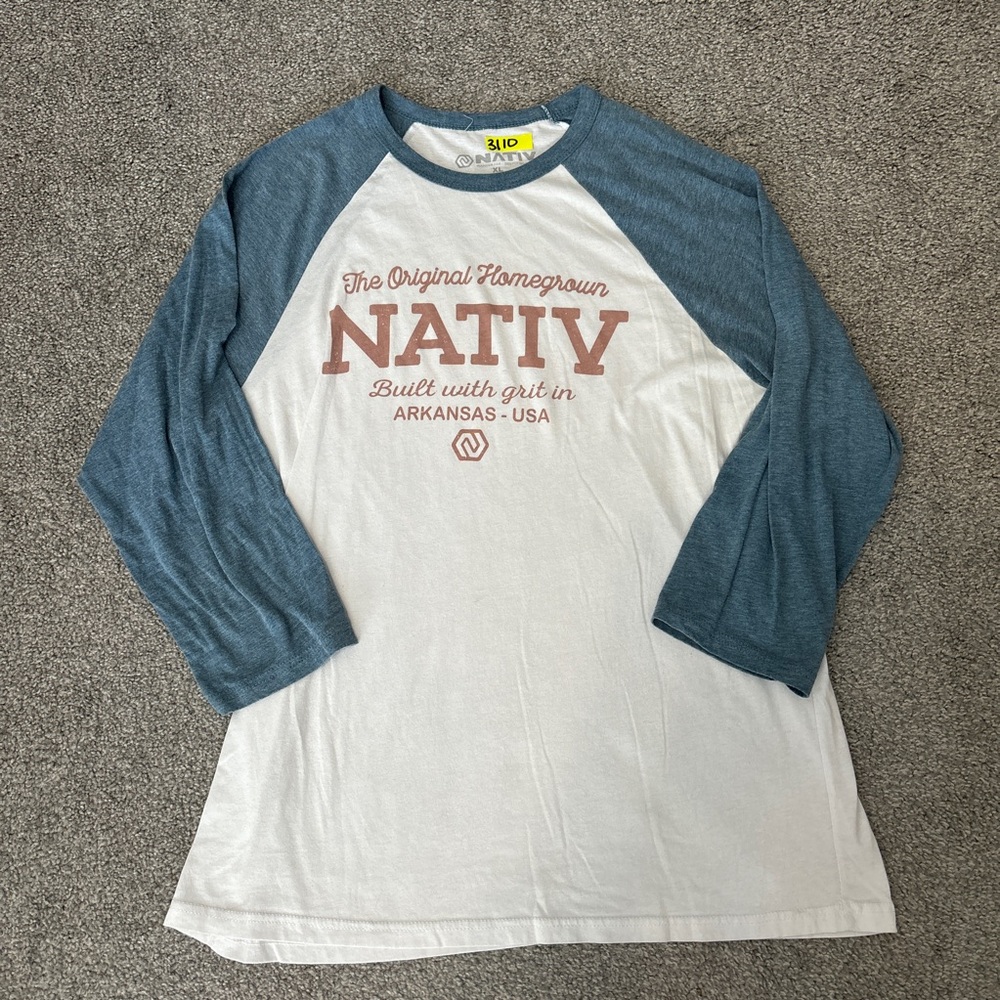 Nativ shirt mens‎ XL white blue outdoor raglan outdoor casual spell out travel